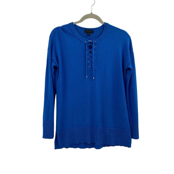 Saks Fifth Avenue Womens Small Blue Silk Cashmere Tunic Sweater Tie Up V‑Neck - Picture 1 of 8